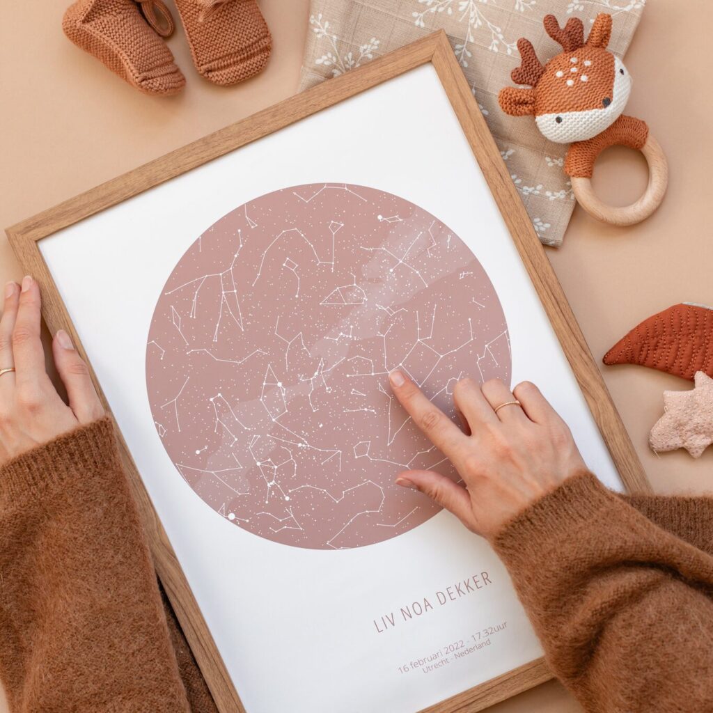 Geboorteposter meisje - Stand van de sterren bij geboorte - Kraamcadeau - 30x40 Place the Moment - Dusty Rose