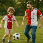 vader in feijenoordshirt voetbalt met zoon in ajaxshirt