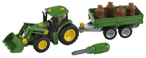 Theo Klein John Deere trekker met voorlader en transport aanhanger 1:24
