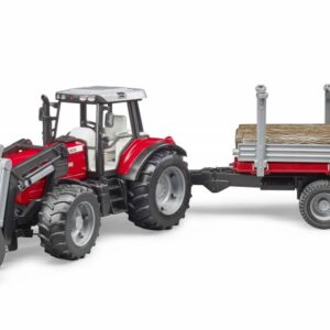 Bruder Massey Ferguson 7480 tractor met voorlader, houttransporter en 3 boomstammen