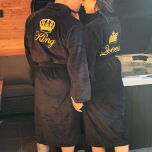 Velours badjas met kroon + naam borduring-zwart-xxl