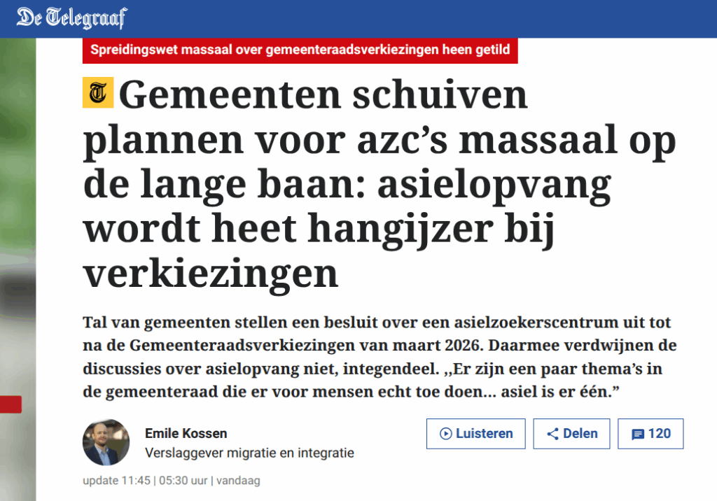 Telegraaf: Gemeenten schuiven hun azc-plannen massaal vooruit: asielopvang wordt heet hangijzer richting gemeenteraadsverkiezingen