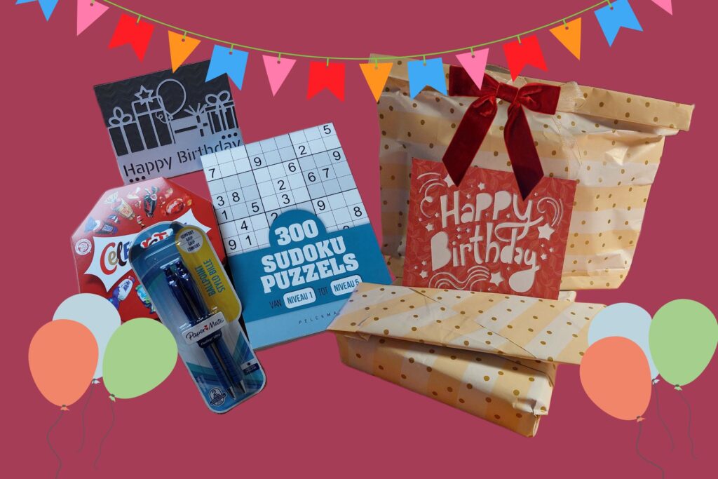 cadeaupakket sudoku puzzelboek pennen choclade en verjaardagskaart