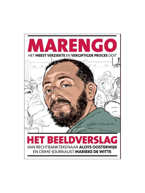 Boekcover van Marengo – Het meest verziekte en vergiftigde proces ooit, met een donkere en indringende vormgeving die verwijst naar het Marengo-proces, Ridouan Taghi en de zware criminaliteit waar het boek over gaat