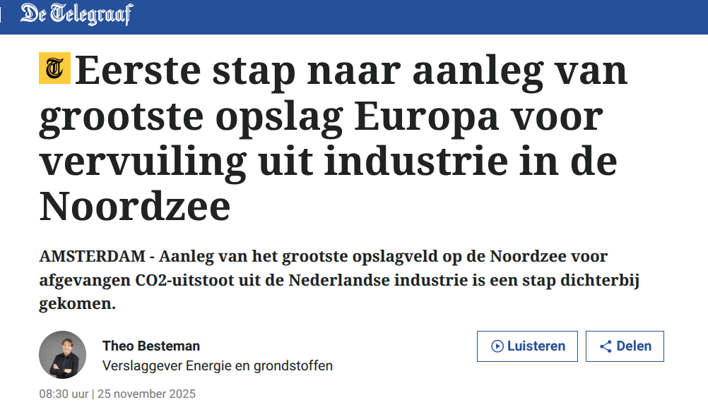 Kop De Telegraaf Eerste stap naar aanleg van grootste opslag Europa voor vervuiling uit industrie in de Noordzee