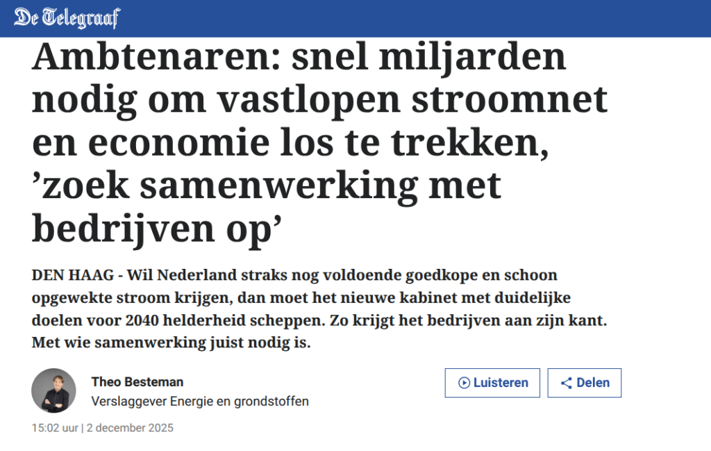 Krantenkop De Telegraaf Miljarden nodig voor het stroomnet