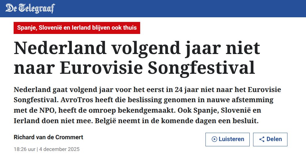 Kop van De Telegraaf Nederland in 2026 niet naar Eurovisie Songfestival
